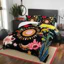 Nttopship 3 Pieces Black Boho Floral Comforter Set,Paisley Bedding Set Queen Size,Colorful Flower Leaves Printed on Black Design,All Season Lightweight Soft Microfiber Bedding with 2 Pillow Shams