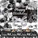 26th Birthday Decorations Set for Man Women,Black Silver Happy 26 Birthday Party Supplies with Birthday Backdrop Banner Birthday Tablecloth 26 Number Balloons for Her Him