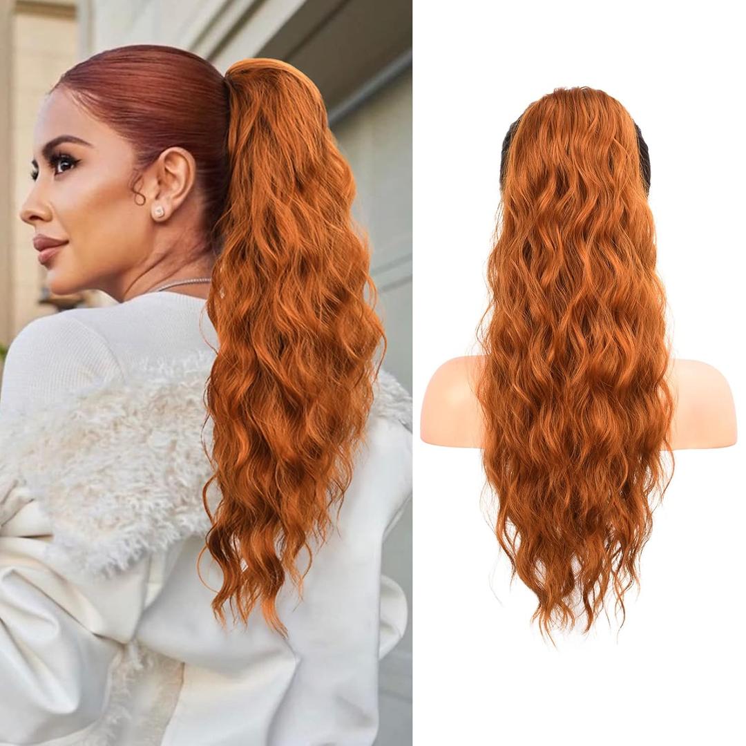 Flufymooz Ponytail Extension, 22 Inch Drawstring Ponytail Hair Extensions for Women Long Curly Wavy Pony Tail Natural Wavy Synthetic Hairpiece for Women Daily Use party (22 Inch Copper Red)