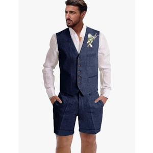 Mens Linen Suit 2 Piece Short Suits for Men Casual Summer Beach Wedding Suit Linen Vest Shorts Set, XXL