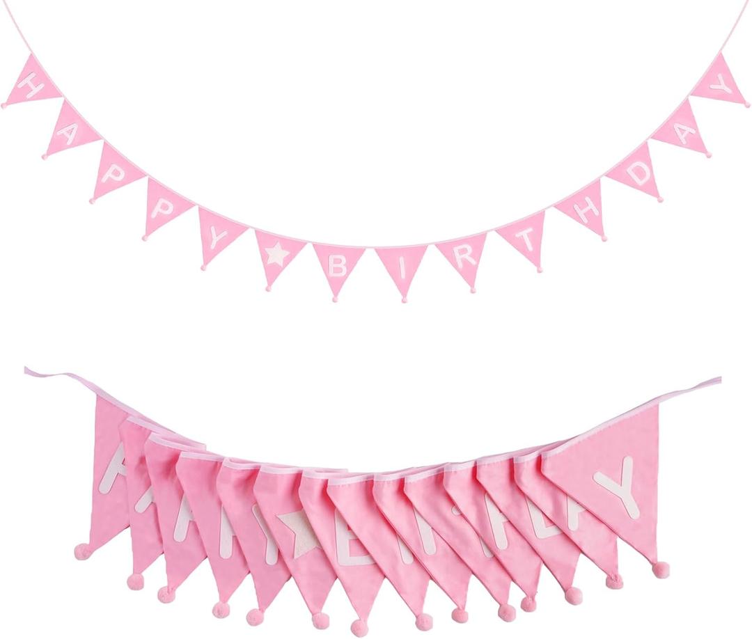 GCQQ Pink Happy Birthday Banner 14Pcs Double-Layer Cotton Fabric Bunting with Pom Pom 3.4m /11.2FT Reusable Pennant Garland for Girl Birthday Party Baby Shower Nursery Room Decorations