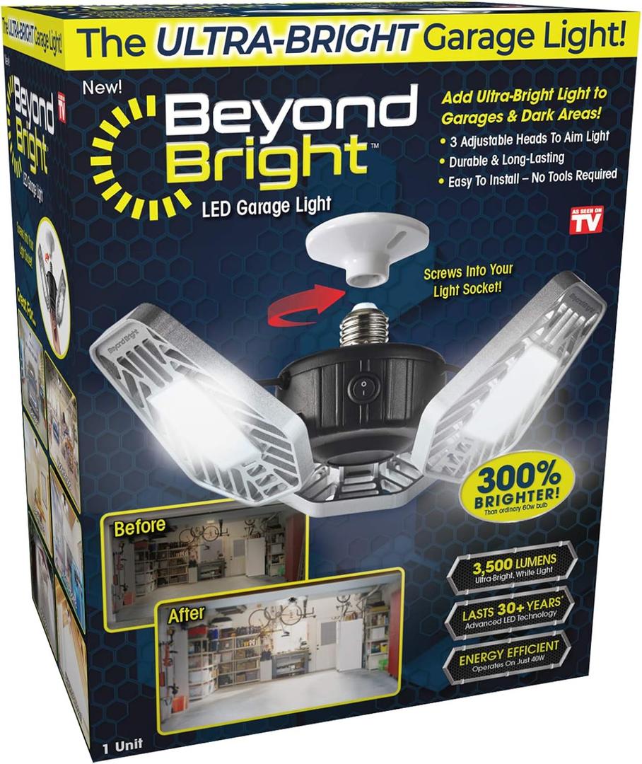 Ontel Beyond Bright LED Ultra-Bright Garage Light - 3 Adjustable Panels, Energy Efficient, Easy to Install, Durable and Long-Lasting Light for Garages, Warehouses and More