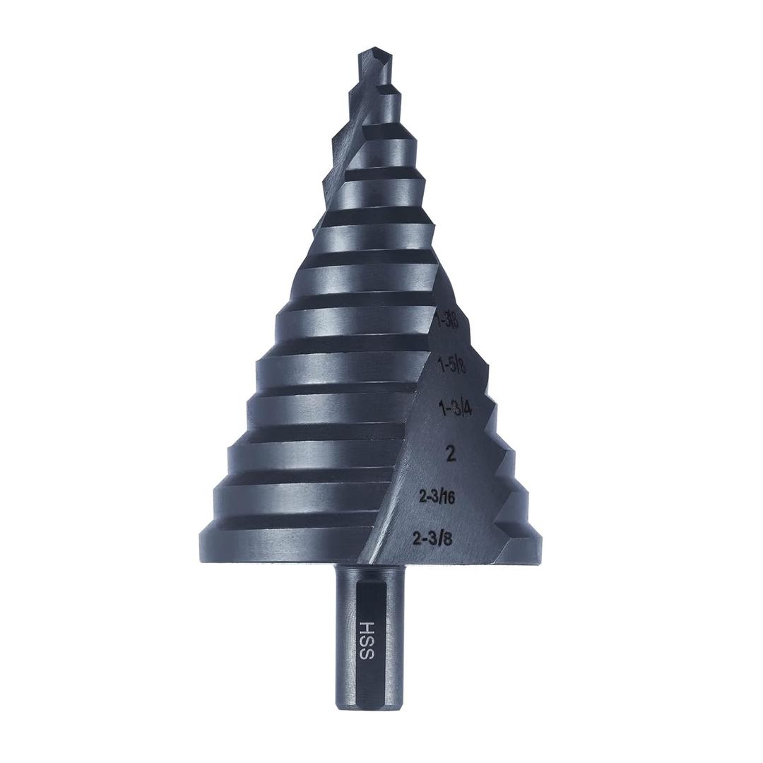 12 Sizes Step Drill Bit, 1/4 to 2-3/8 inch Black High Speed Steel Drill Cone Bits for Sheet Metal Hole Drilling Cutting, Sprial Unibit Extra Large 2-3/8 inch