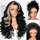 MITIMES 13x6 Skunk Stripe Wig Glueless Crazy Body Wave Lace Front Wigs Pre Plucked Synthetic Yaki Highlights Wear And Go Wig Pre-Cut
