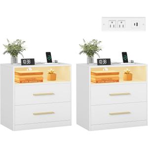 VASAGLE Custos Collection - Set of 2, 23.6 Inch Wide Nightstands with Charging Station, LED Lights, Modern Night Stands, Side End Tables with Drawers, Open Shelf, 2 AC Outlets USB Ports, Cloud White