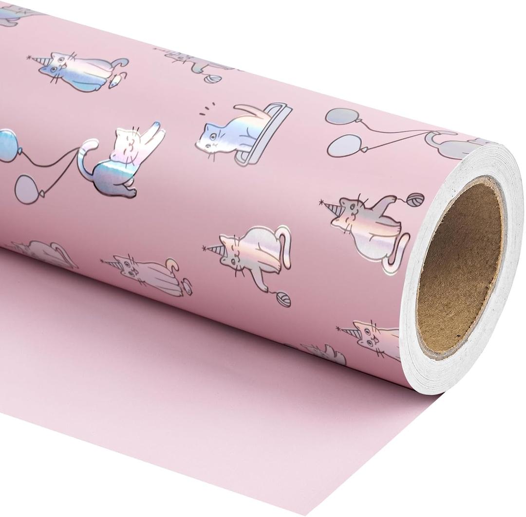 WRAPAHOLIC Reversible Wrapping Paper - Mini Roll - 17 Inch x 33 Feet - Cute Cats Design and Solid Pink Design for Birthday, Holiday, Baby Shower WRAPAHOLIC Reversible Wrapping Paper - Mini Roll - 17 Inch x 33 Feet - Cute Cats Design and Solid Pink Design for Birthday, Holiday, Baby Shower