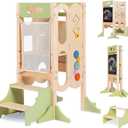 6 in 1 Toddler Tower with Removable Ladder, Foldable Wooden Kitchen Step Stool for Kids, Adjustable Children Helper Tower for Baby, Standing Tower with Safety Equipment and Black Board