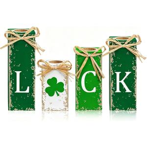 MTLEE 4 Pcs St Patricks Day Votive Candle Holders Wood Tealights Wooden Candles Shamrock Centerpiece Table Decorations for St Patricks Day Home Decor