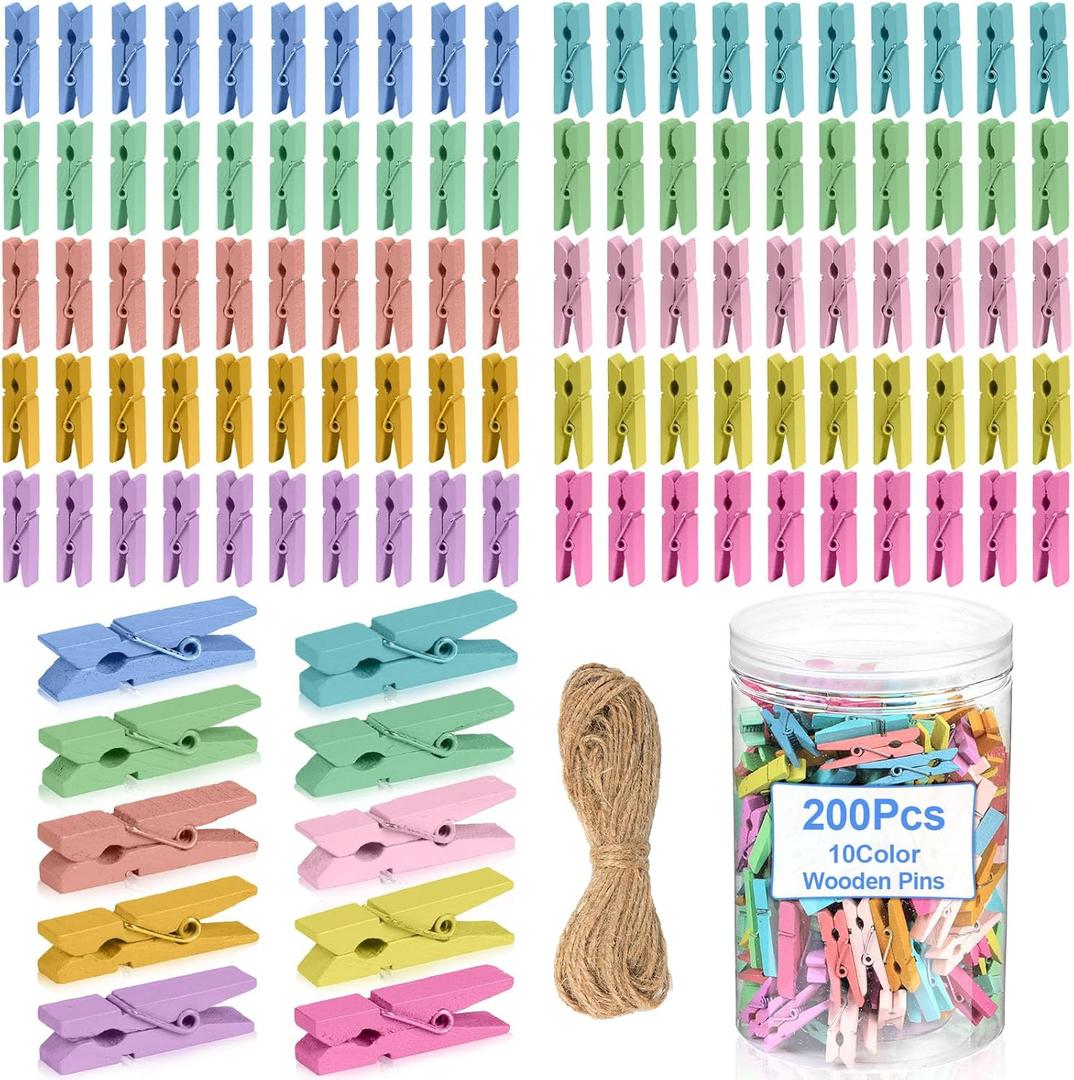 200Pcs Mini Clothes Pins Wooden Colored Small Clothespins Photo Pegs Craft Pictures Clips with Jute Twine Tiny Wood Decorative Clips for Photo Wall Home School Party Arts Projects DIY Decor (Pastel)