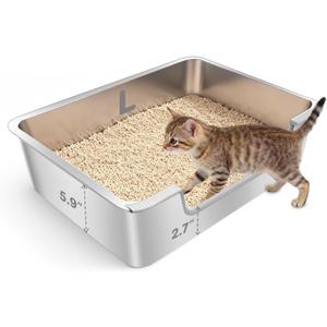 Low Entry Litter Box for Senior or Disabled & Injured Cats, Stainless Steel High Sided Enclosed Easy Step in Entry-Metal Kitty Litter Box for Kittens, Odor Control (19.7x13.8x5.9)