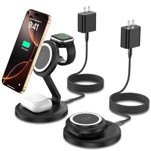 3 in 1 Foldable Wireless Charger iPhone Charging Station, 2Pack Magnetic Stand Wireless Charger Dock for Apple Multple Devices, with PD Adapter and USB C Cable for iPhone, iWatch & Airpods All Series