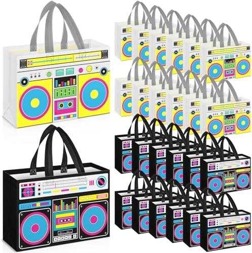 Locmeo 24 Pcs 80s90s Party Favor Bags Non Woven Retro Radio Grocery Bags for Hip Hop Birthday Disco Rock Party (Black,Yellow)