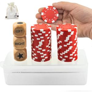Left Right Center Dice Game Set, Upgrade Right Left Center Dice Game Set with 3 Pcs Beech Wood Dices + 40 Pcs Red Poker Chips