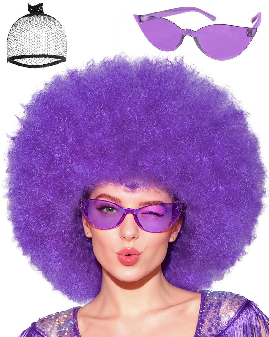 JoneTing Women Purple Afro Wig +Hair Cap +Sunglasses Purple Fluffy Wigs for Women Purpled Funny Crazy Party Wigs Color Afro Wig Purpled Disco Hippie Hair for Halloween Christmas Cosplay Costume