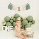 Green 1st Birthday Decoration Set - Wild One Tassel High Chair Banner,Green Forest Theme Cake Topper,Jungle Safari First Birthday Hat,Nature Party Decoration Photo Props