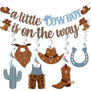 A Little Cowboy Is On The Way Banner Cowboy Baby Shower Decorations Western Baby Shower Decorations with Cowboy Decorations Hanging Swirls Cowboy Party Decorations for Baby Boy Shower Decorations (Brown Blue)