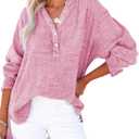 Dokotoo Womens Casual Button V Neck Long Sleeve Shirts Oversized Solid Blouses Tops (XX-Large, Pink)