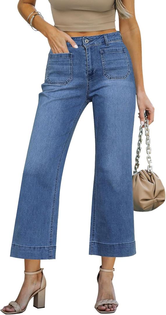 LookbookStore Wide Leg Cropped Jeans for Women High Waisted Stretchy Denim Jean Pants Baggy Flare Trouser Jeans Pockets (X-Small, Darkness Blue)