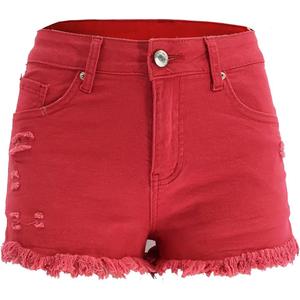 Womens Jean Shorts High Waist Stretch Hot Shorts Fringe Wash Jean Shorts Summer Cute Denim Shorts (Small, B-red)