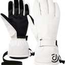 Winter Gloves Men Women Warm Waterproof Ski 5 Layer Touch Screen Snow Gloves for Cold Weather (Large, White)