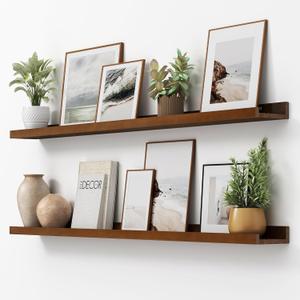 FLYJOE Picture Ledge Shelf, Floating Shelves Set of 2, Solid Pine Wood 55'' Long Large Nursery Book Shelves for Toys Storage, Kids Bookshelf for Living Room Bedroom Decor Books Photo Frames, Walnut
