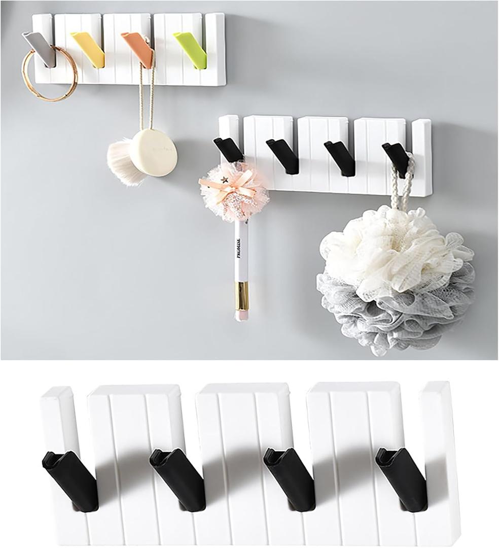 4 in 1 Heavy Duty Adhesive Hooks, Piano Keys Design Waterproof Wall Hooks for Hanging Towels, Bath Robes, Kitchen Utensils,No Drill No Damage Sticky Hooks for Bathroom, Kitchen, Bedroom (Black)