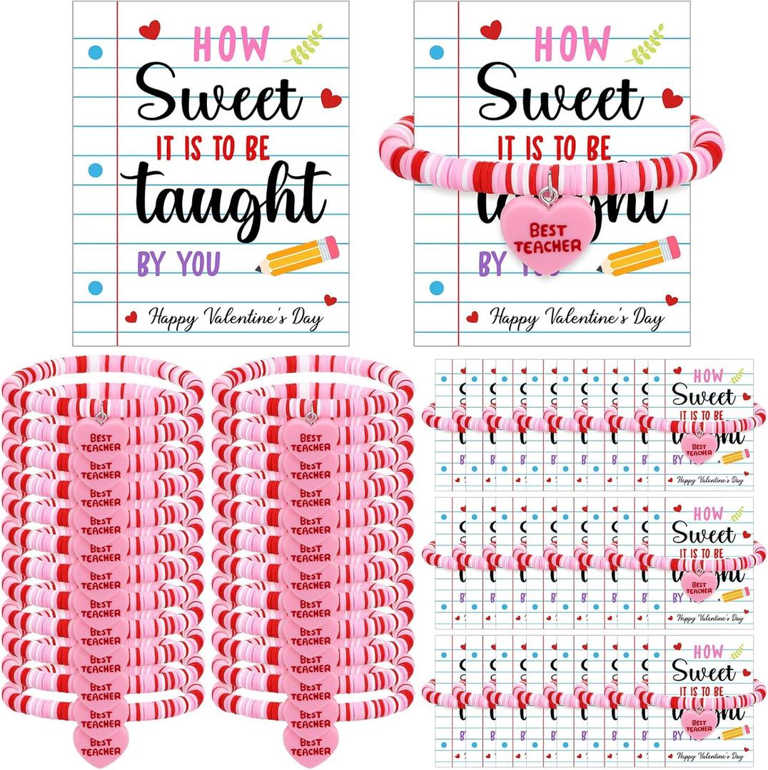 Tondiamo 24 Set Valentine's Day Teacher Gift Bulk Best Teacher Bracelets Funny Polymer Clay Beaded Bracelets with Cute Cards How Sweet It Is to Be Taught by You Appreciation Party Favors