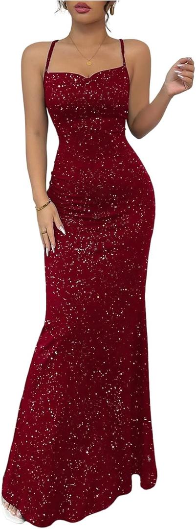 GORGLITTER Women's Sparkly Maxi Dress Wedding Guest Formal Cocktail Party Backless Cowl Neck Long Bodycon Dresses (Red), Size Medium