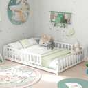 KOMFOTT Full Size Wood Floor Bed with Door & Fence, Montessori Bed Frame with Full Length Safety Guardrails, Slats Support, Door & Latch, Wooden Montessori Floor Bed, No Box Spring Needed (White)