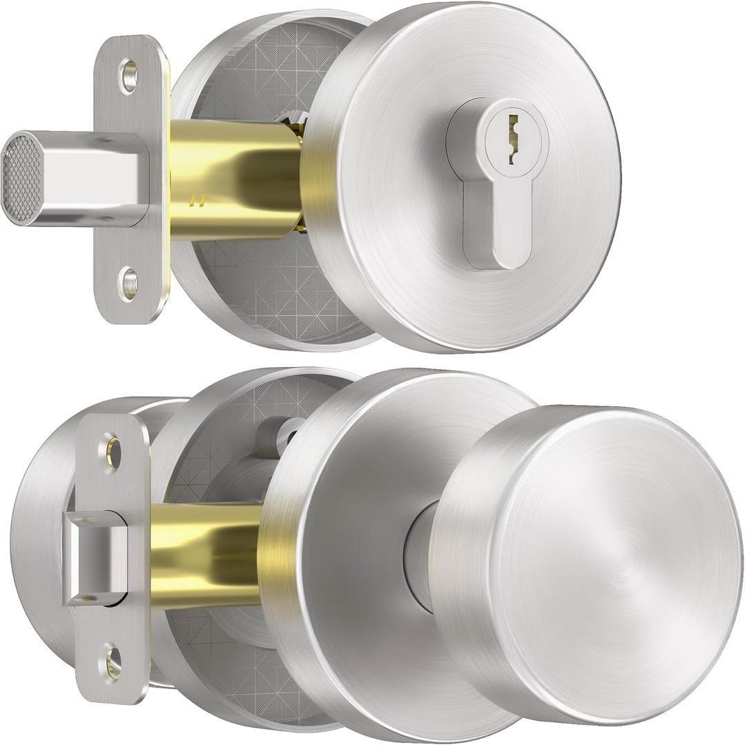 Exterior Door Knob with Single Cylinder Deadbolt Lock Set, Round Entry Door Knob with Deadbolt Locksets, Brushed Nickel Front Door Lock Set, Satin Nickel Front Door Handle and Deadbolt Set