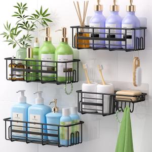Shower Caddy Shower Organizer, 4 Pack Shower Shelves for Inside Shower, Rustproof Adhesive Black Shower Storage Rack With Built-in Soap Dish
