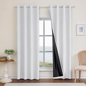 Faux Linen 100% Blackout Curtains for Bedroom, Black Out Curtains 96 Inch Long, Room Darkening Curtains for Living Room, Long Curtain Grommets Drapes, Thermal Curtains (2 Panels, Off-White)