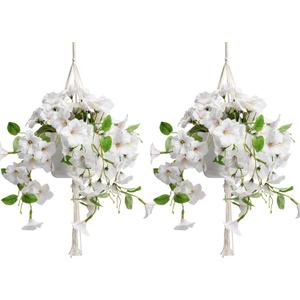 Artificial Hanging Flowers with Basket for Outdoors, 2 Pack Fake Petunia Flowers UV Resistant, Realistic Faux Hanging Plants for Home Porch Patio Garden Balcony Yard Decor (White)