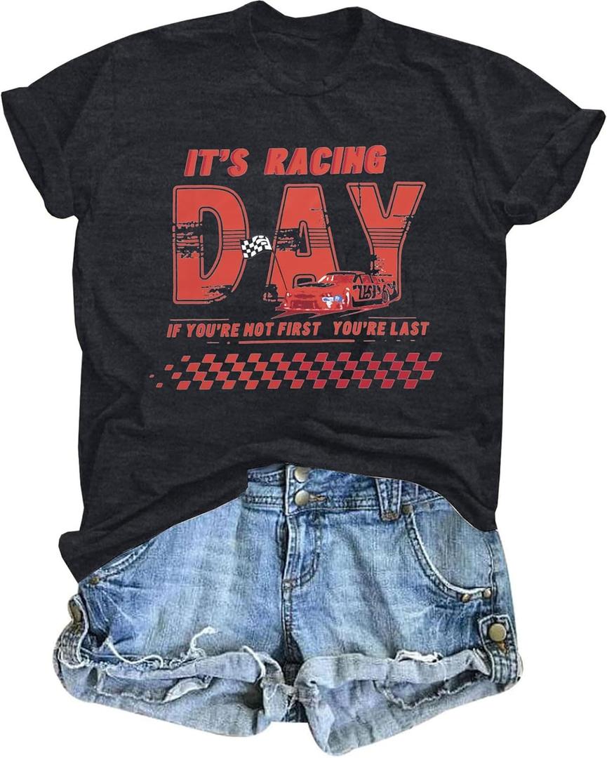 Racing Shirts for Women Race Day Tshirt Car Flag Printed Tee Racing Race Team Lover Short Sleeve Tops (Gray, XXL)