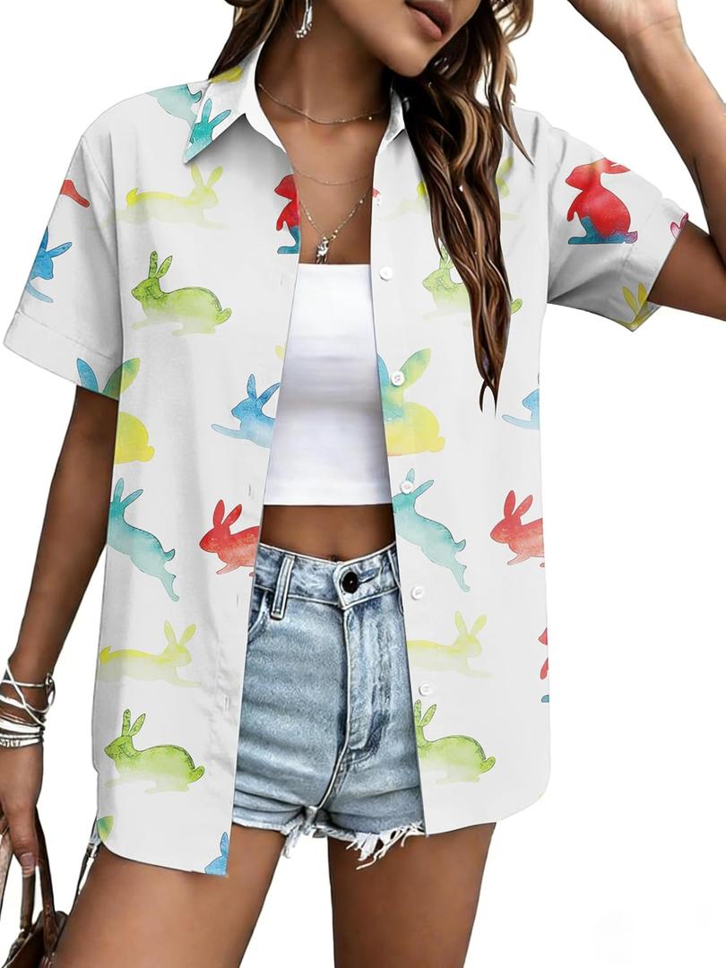 Easter Shirts for Women Cute Bunny Rabbit Graphic Button Down Blouses Happy Easter Short Sleeve Shirt (White, XXL)