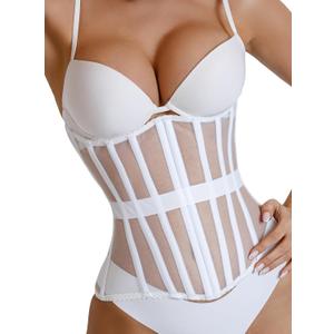 Mesh Corset Waist Trainer for Women - Underbust Corset Lace Up - Waist Cincher Shapewear - Body Shaper (White, L)