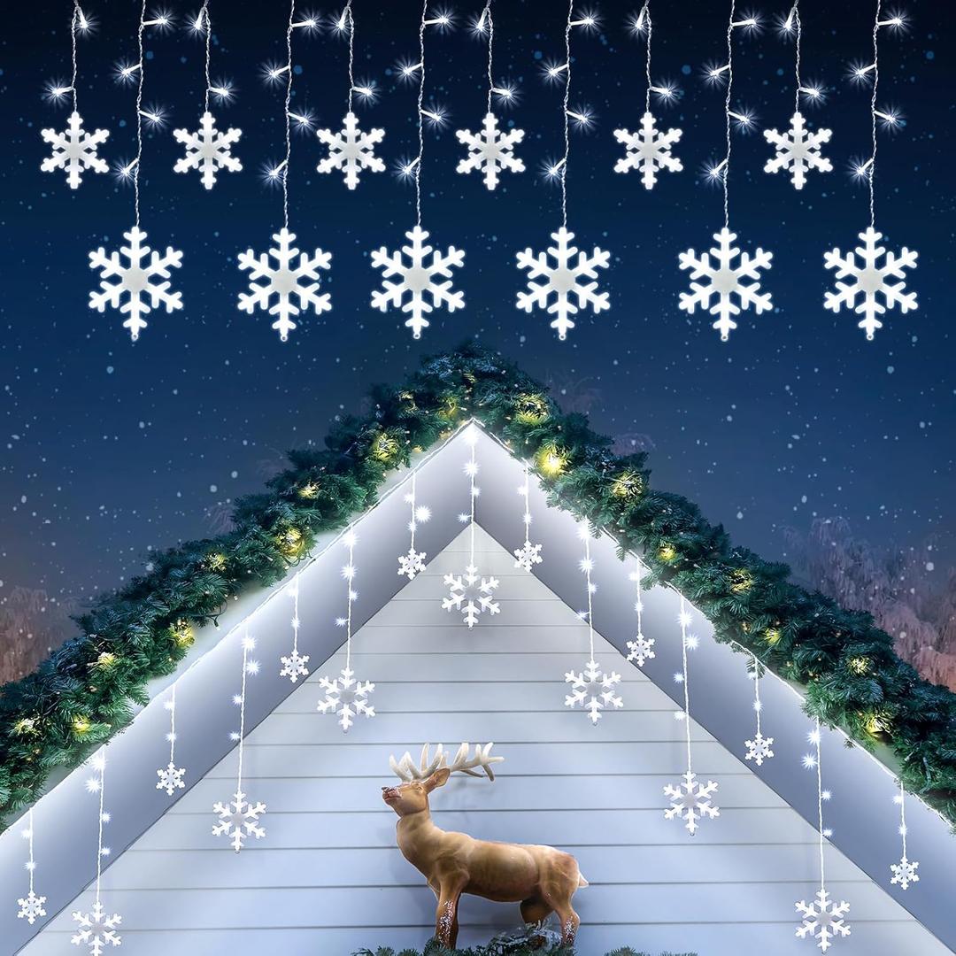 Aulanto Outdoor Snowflake Lights,16.73ft 240 LED Snowflake Icicle Lights Waterproof with 20 Drops,8 Modes Cool White Christmas Decorations for Eaves, Yard, Tree, Window, Curtain