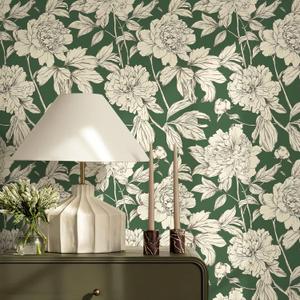 Simon&Siff Floral Linear Wallpaper, Black White Peel and Stick Wallpaper Sketch Flowers Removable Floral Wall Paper for Bedroom Bathroom Walls Cabinets Shelves (Green, 17.3"x 236")