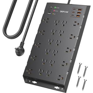DEPOW Surge Protector Power Strip, 6.5FT Long Flat Plug Extension Cord with 22 AC Outlets (1875W/15A), 6USBs (3 USB-C Ports), 2100J Surge Protection, Wall Mountable for Gaming, Office, Home, Black