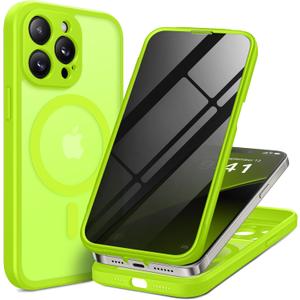 BERFY for iPhone 14 Pro Max Case, Compatible with MagSafe, Built-in Privacy Screen Protector, Camera Protection, Shockproof Full Body Phone Case 6.7", Translucent Neon Green