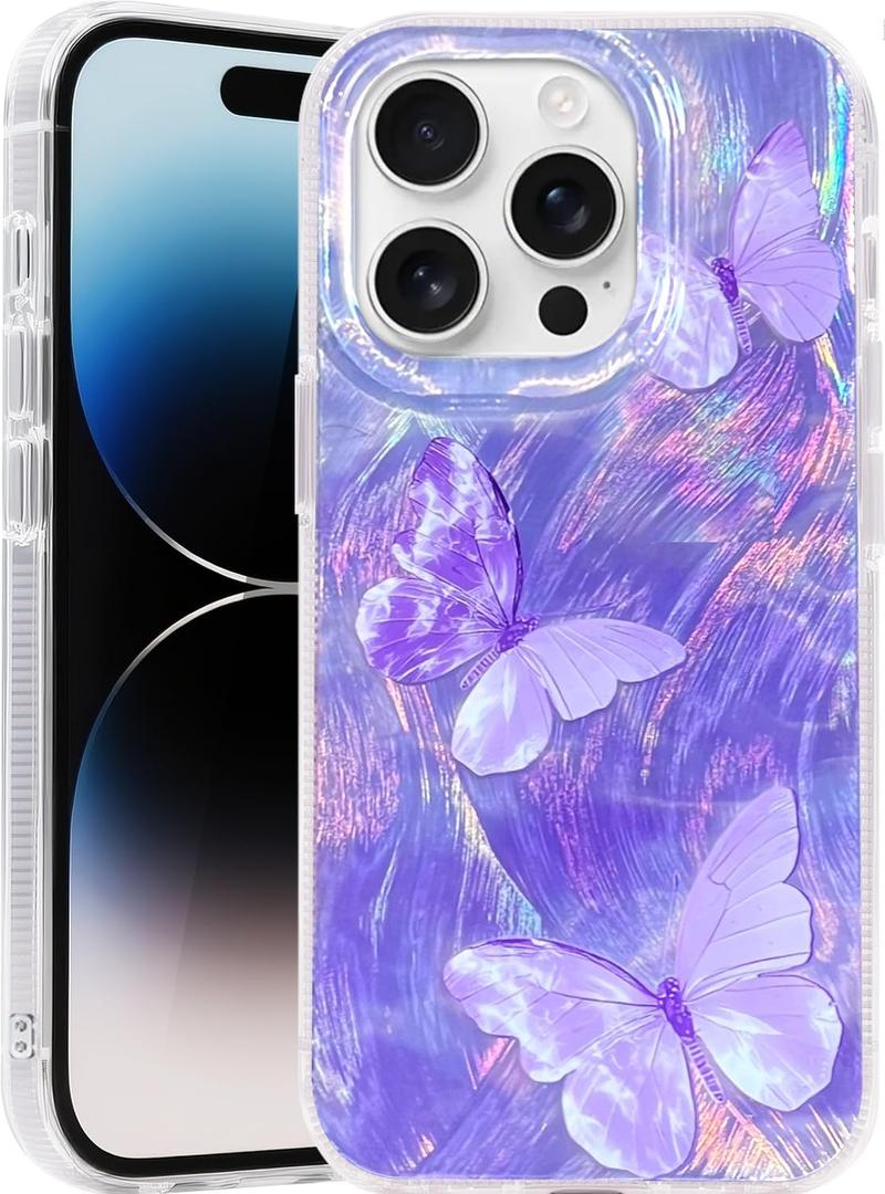 Compatible with iPhone 14 Pro Case,with [Shockproof Protective][Camera Protection] Cute Butterfly Aesthetic Phone Cover Anti-Yellowing Soft Slim Cover for Women Girl-Purple