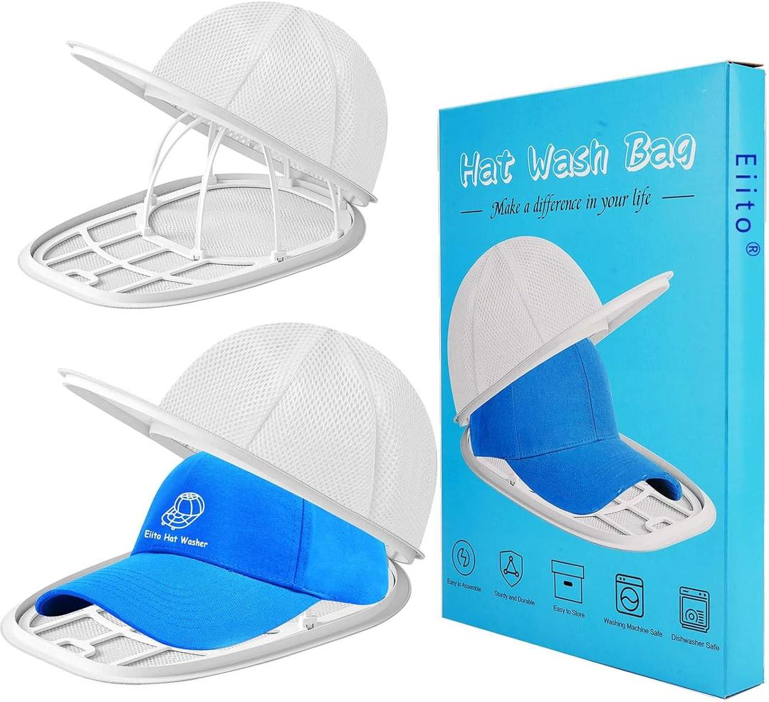 Eiito Hat Washer Cage Hats Cleaner, 4Pcs (2 Cages + 2 Bags) Hat Washer for baseball caps for Washing Machine or Dishwasher, Ball Cap Washers Frame for Flat & Curved Hats, White (With Mesh White 2 Pack)