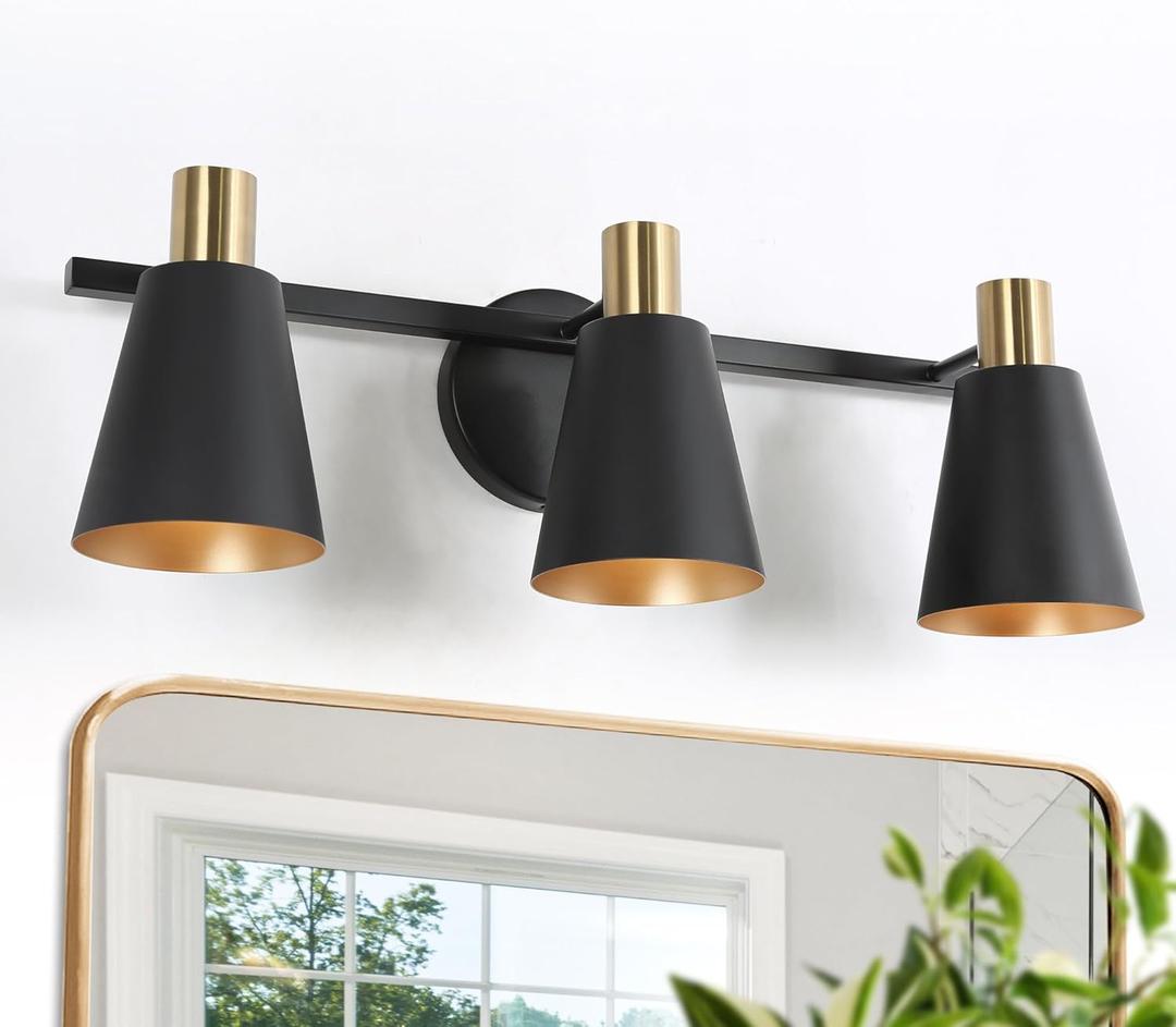 KSANA Black Bathroom Light Fixtures, 5-Piece All-in-One Bathroom Set Modern Farmhouse 3 Light Vanity Lights, Towel Bar, Towel Ring, Robe Hook, Toilet Paper Holder