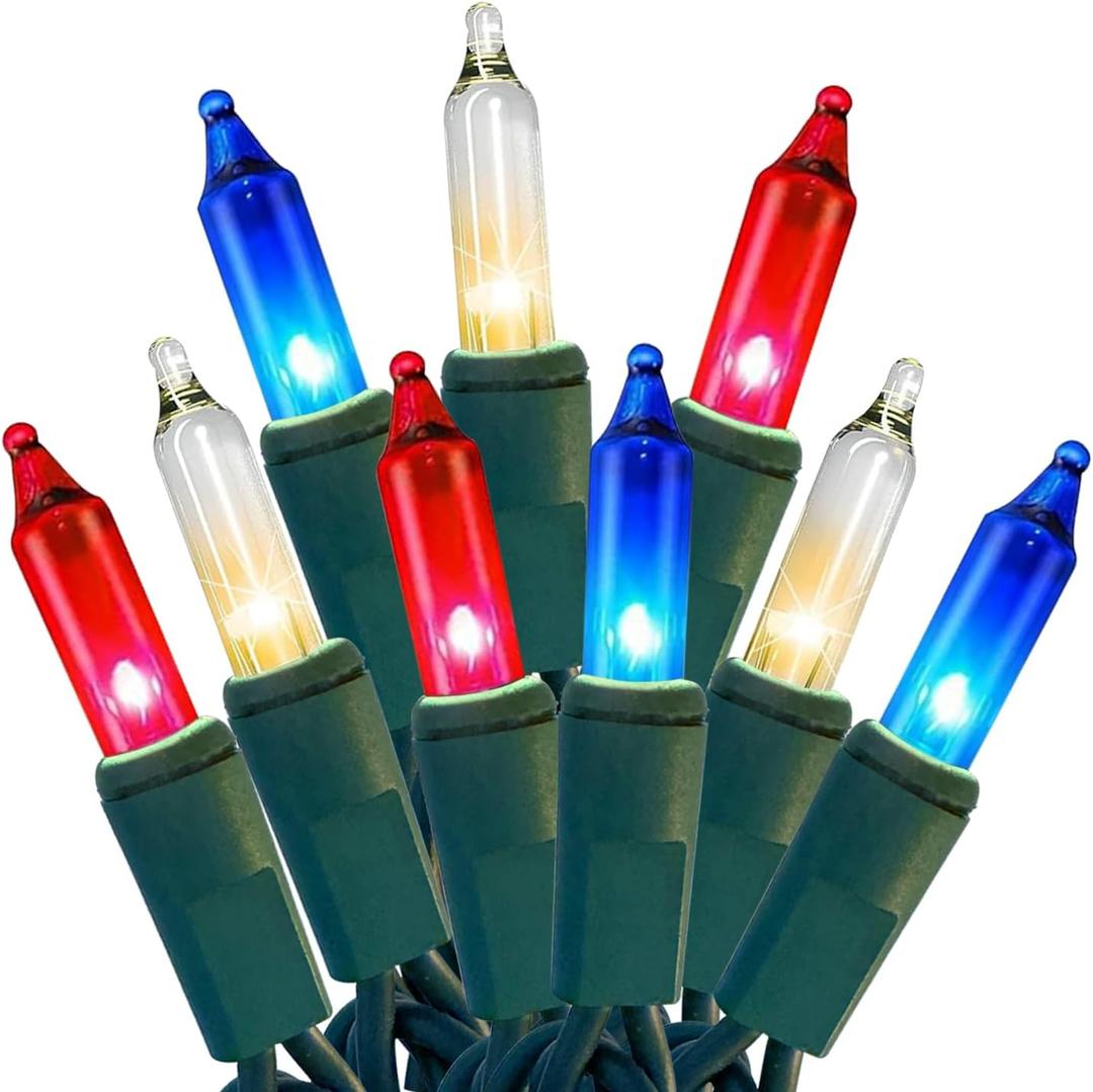 Red White Blue 4th of July Patriotic Day Decorations Lights 100 Count Mini String Lights with Green Wire for Outdoor Indoor Christmas ,Holiday,Party, Independence Day Decor,UL Certified (21feet)
