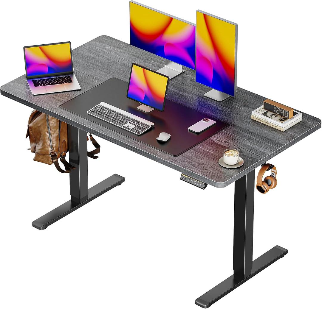 Huuger 48 x 28 Large Electric Standing Desk, Height Adjustable Desk, 27.6" Deep Desktop, Stand up Gaming, 2 Hooks, 3 Preset Heights, for Home Office, Grey