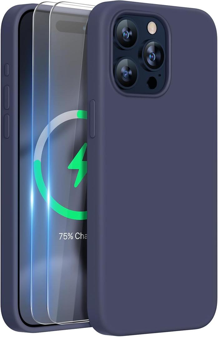 Miracase for iPhone 15 Pro Max Case, [with 2X Screen Protectors], Compatible with MagSafe, Liquid Silicone Case Shockproof Drop Protection Phone Case for 15 Pro Max, Dark Blue Magnetic