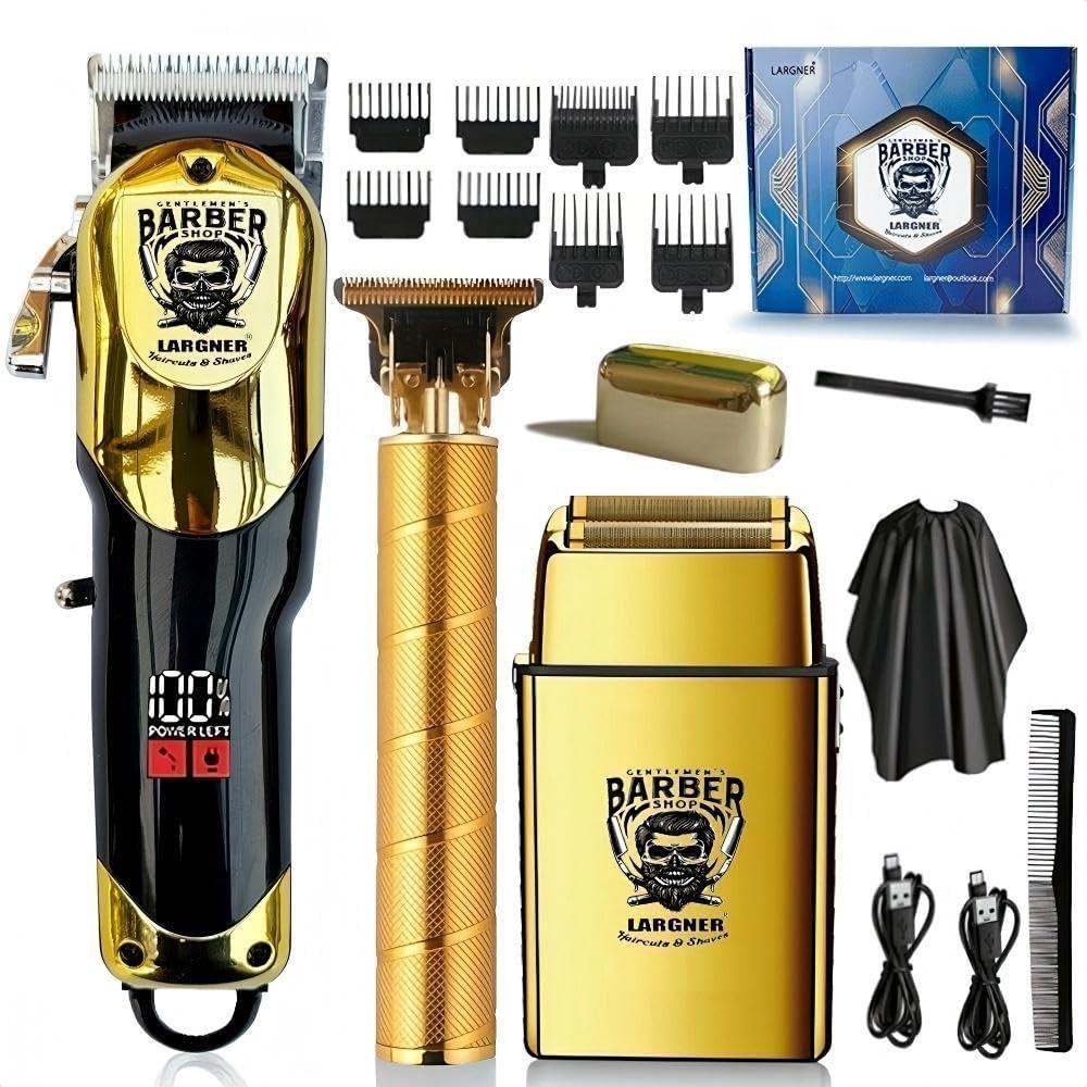 Hair Clippers for Men Professional, Cordless Beard Trimmer & Electric Razor Shavers for Men, Rechargeable 3 Piece Barber Hair Cutting Kit LED Display Men's Grooming Kit (Gold)