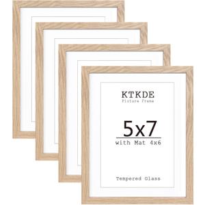 KTKDE 5x7 photo frame set 4, MDF wrapped wood grain paper frame 4x6 pad or 5x7 without pad, tempered glass, the best gift for photo frame wall or table, family or friends' wedding home decoration