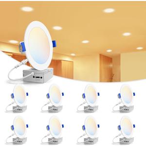 VOLISUN 8 Pack 6 inch Recessed Lighting, 5CCT LED Recessed Light with Junction Box, 2700K-5000K Selectable, 13W Eqv 120W, 1080LM Dimmable Canless Wafer Downlight, LED Ceiling Light ETL Certificated (White)
