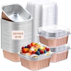 Aoriher 150 Pcs 10 oz Mini Cake Baking Pans with Lids, 4" x 4", Small Foil Baking Cups, Disposable Square Bread Pan Containers, Individual Cake Tins for Party Brownie Desserts Holders(Champagne)